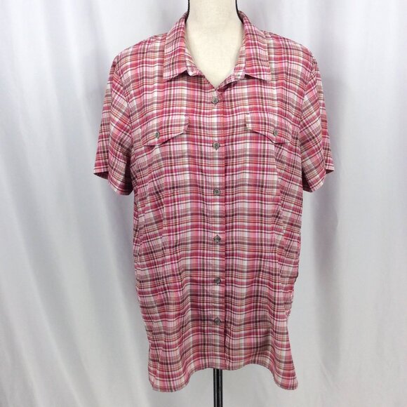 Eddie Bauer Travex Top Women Size 2XL Pink Plaid Vented Short Sleeve Button Down - Picture 1 of 9